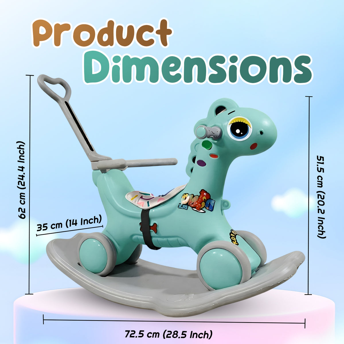 CAREIT 3-in-1 Ride-On Dino Rocker for Kids – Dinosaur Rocking Toy, Ride-On Car & Balance Board with Parent Handle (Sea Green)