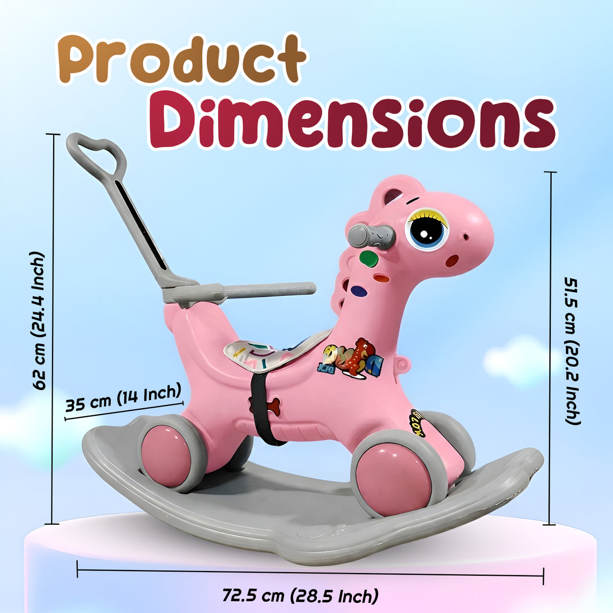 CAREIT 3-in-1 Ride-On Dino Rocker for Kids – Dinosaur Rocking Toy, Ride-On Car & Balance Board with Parent Handle (Pink)