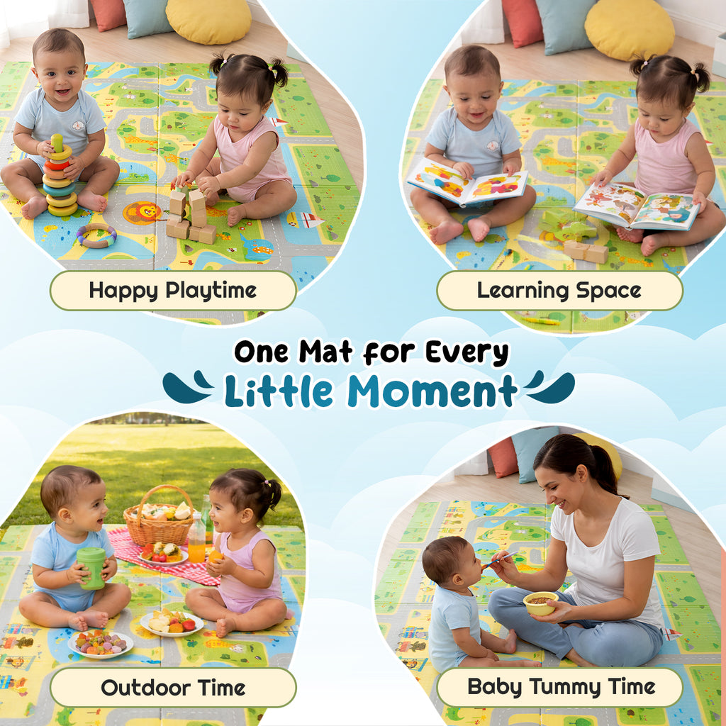 CAREIT Extra Large Baby Play Mat 6 x 5 Feet | Roads & Town Theme Waterproof Foldable Foam Crawling Mat | BPA-Free Safety Floor Mat for Babies & Toddlers