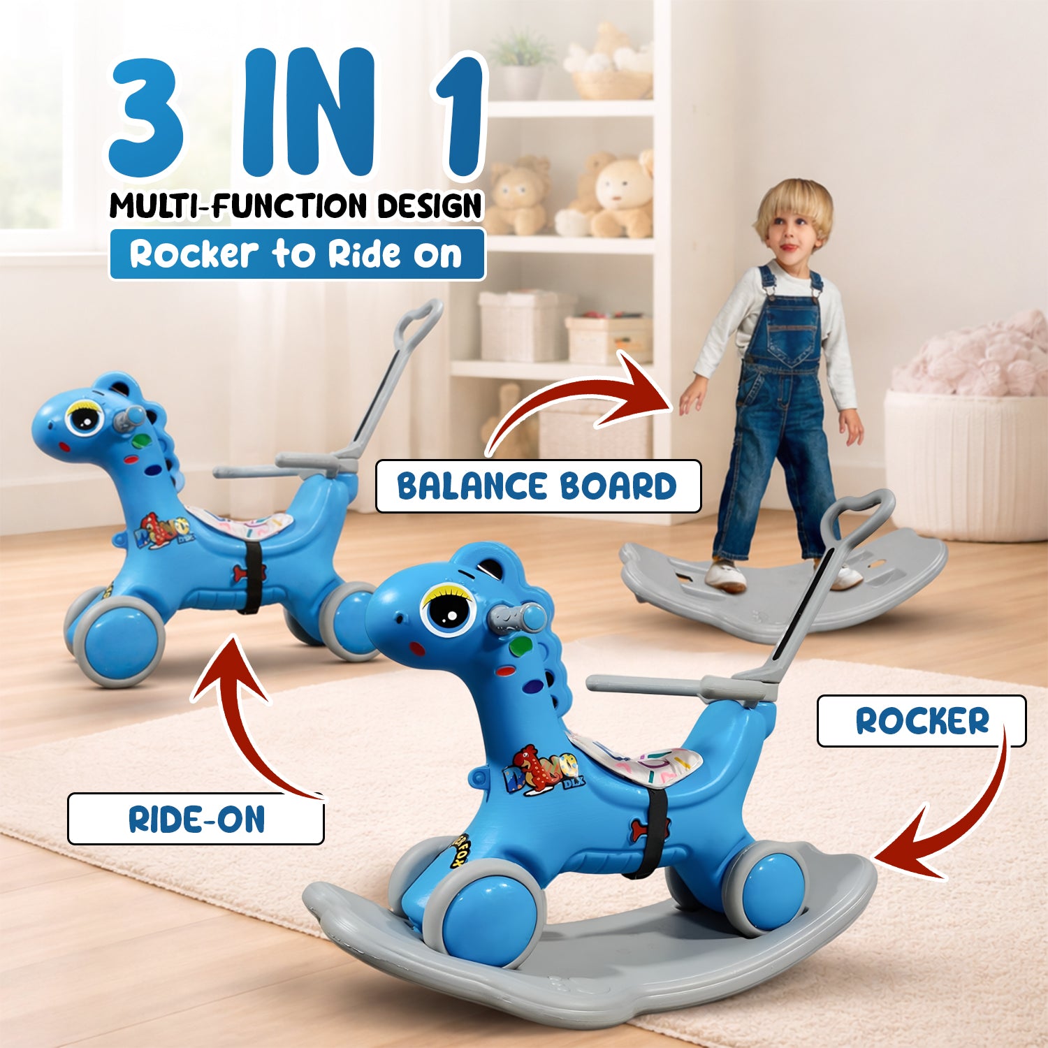 3 in 1 Ride On Dino Rocker with handle